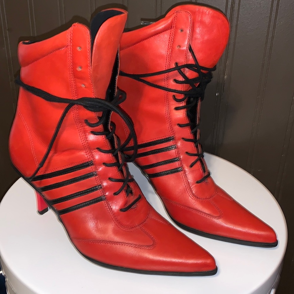 Nine West Women’s YUKI Pointy Toe High Heel Boots Red Genuine leather